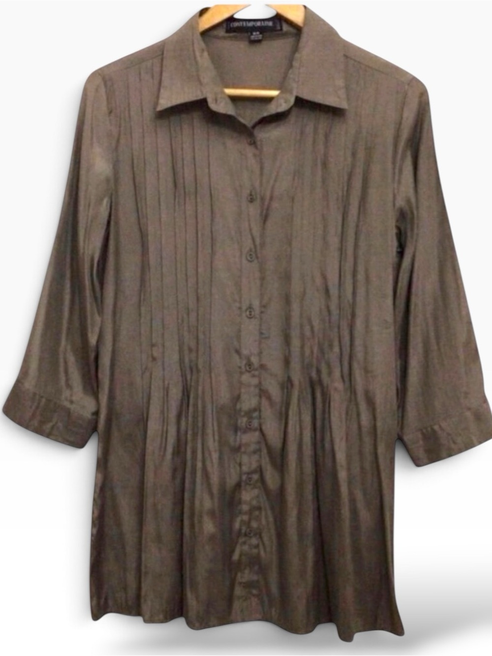 CONTEMPORAINE pleated long blouse tunic maroon medium shinny 3/4 sleeves